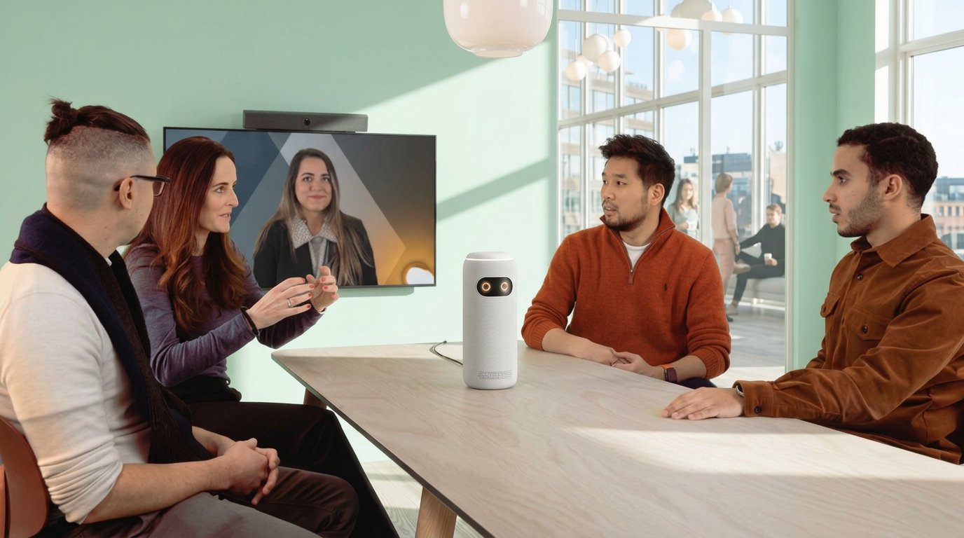 People around a conference table with a 360 meeting camera in the center
