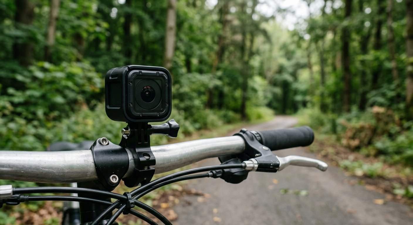 A boxy black action camera mounted on a bicycle handlebar with a light overcast sky in the background, no people