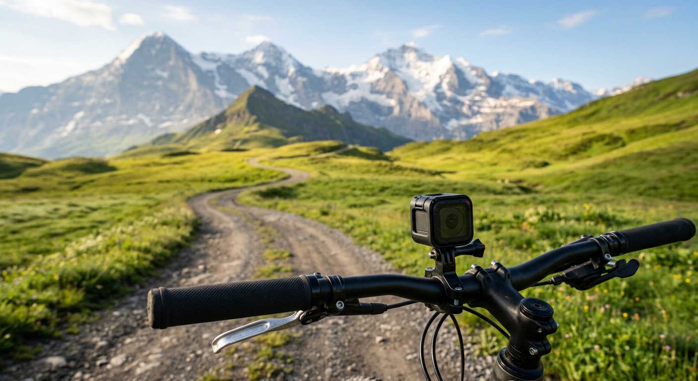 An action camera mounted on a mountain bike handlebar facing a winding alpine road