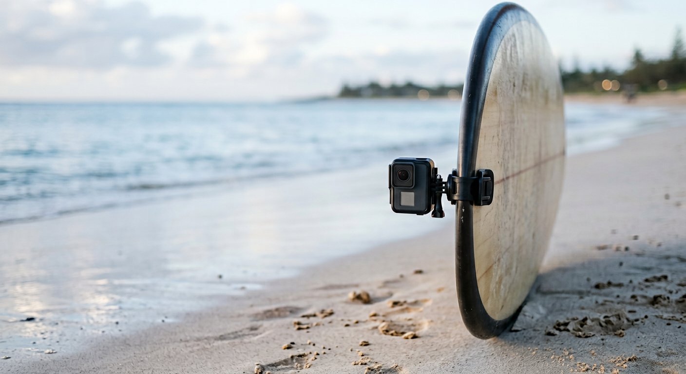 An action camera mounted on a surfboard rail facing the water, with a rider holding the board on a light sandy beach