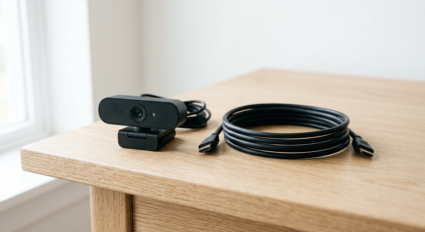 A 1080p webcam and a gripped HDMI cable on a light desk, no readable text or logos