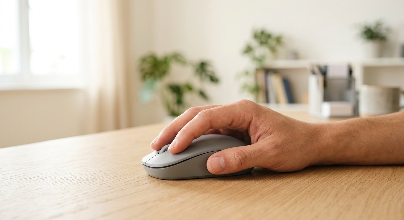 A hand resting on a generic wireless computer mouse on a light wooden desk in an office, no readable text or logos