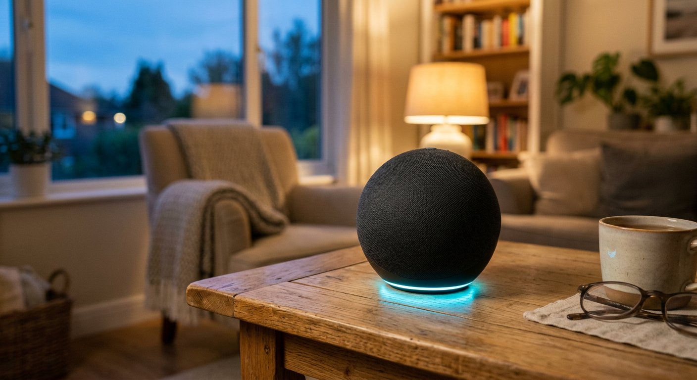 A spherical smart speaker on a side table in a warm living room at twilight, the colored light ring glowing at its base, soft ambient light