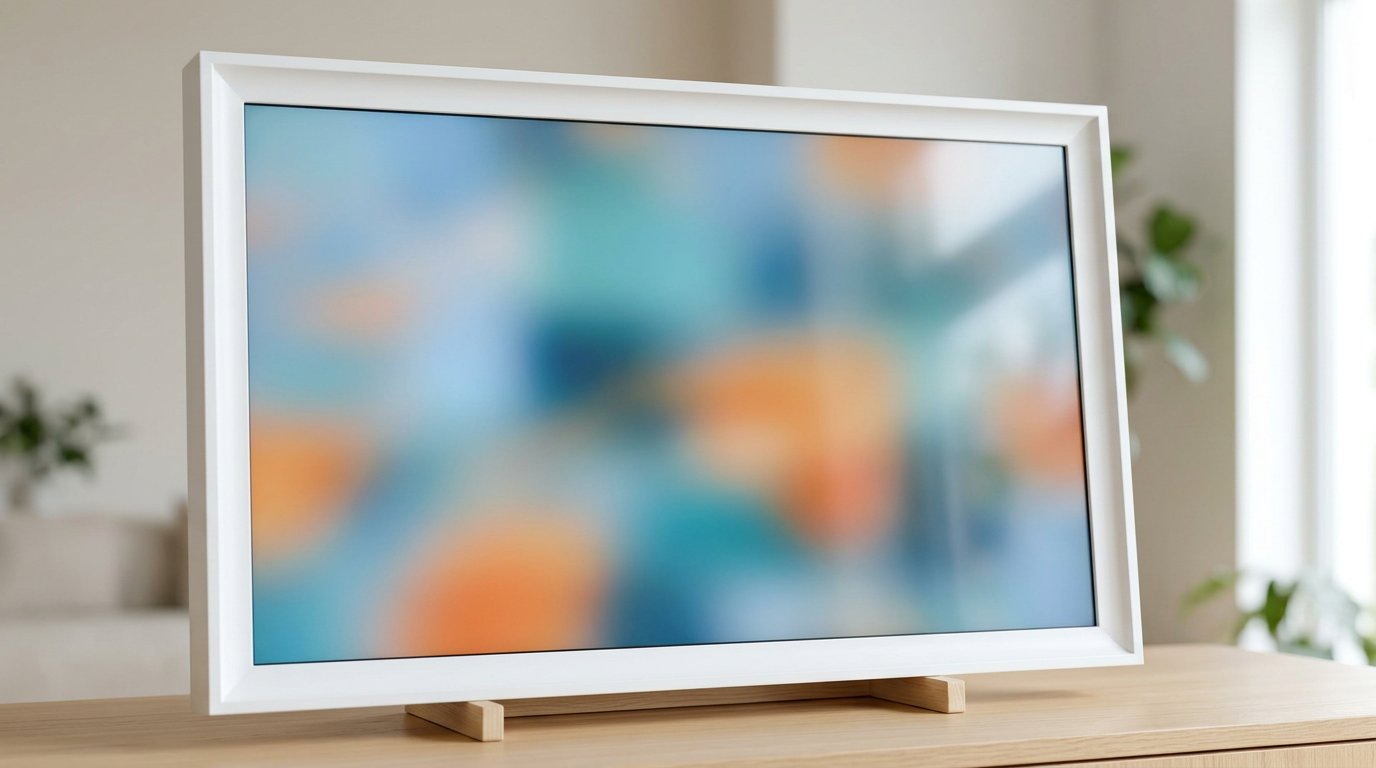 A large landscape smart display standing on a counter on a small stand, showing a blurred widget home screen, light background, bright setting