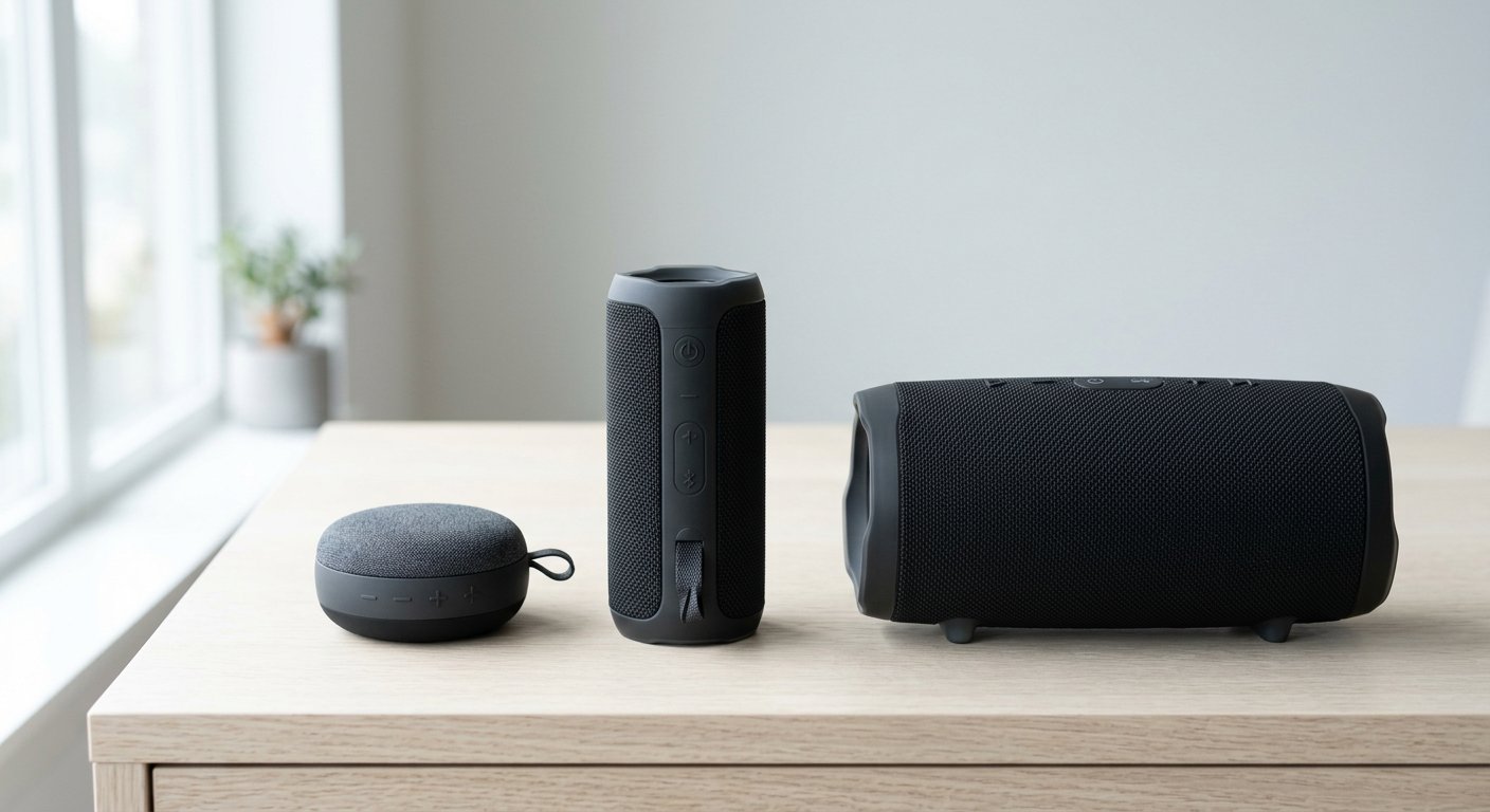 A lineup of three different-size portable Bluetooth speakers on a light surface, from a small puck to a larger cylinder, soft daylight