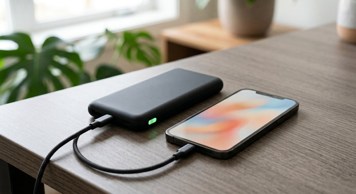 A modern slim power bank charging a smartphone via a USB-C cable on a light desk, phone screen showing an abstract blurred gradient with no readable text