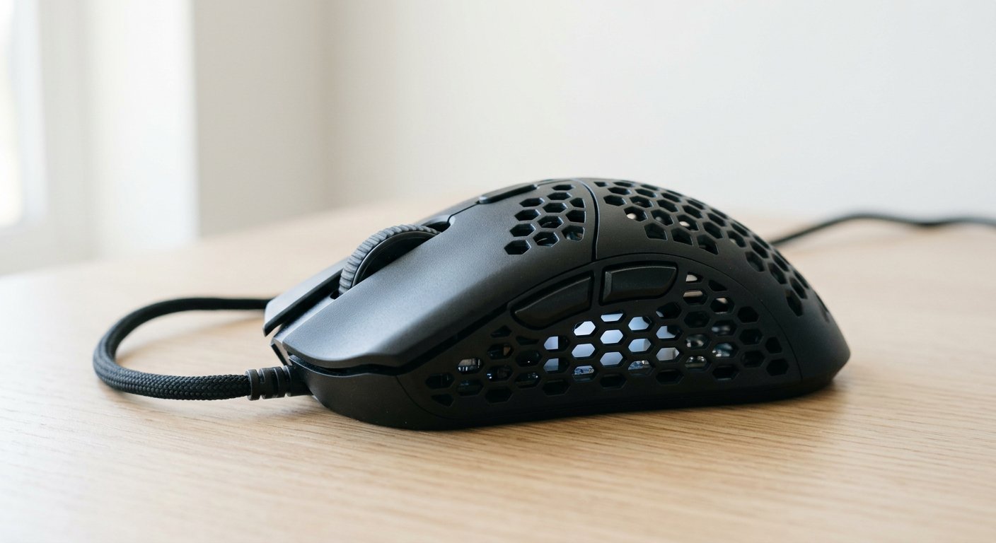 A close-up of a lightweight honeycomb-shell gaming mouse on a light desk, no readable text or logos