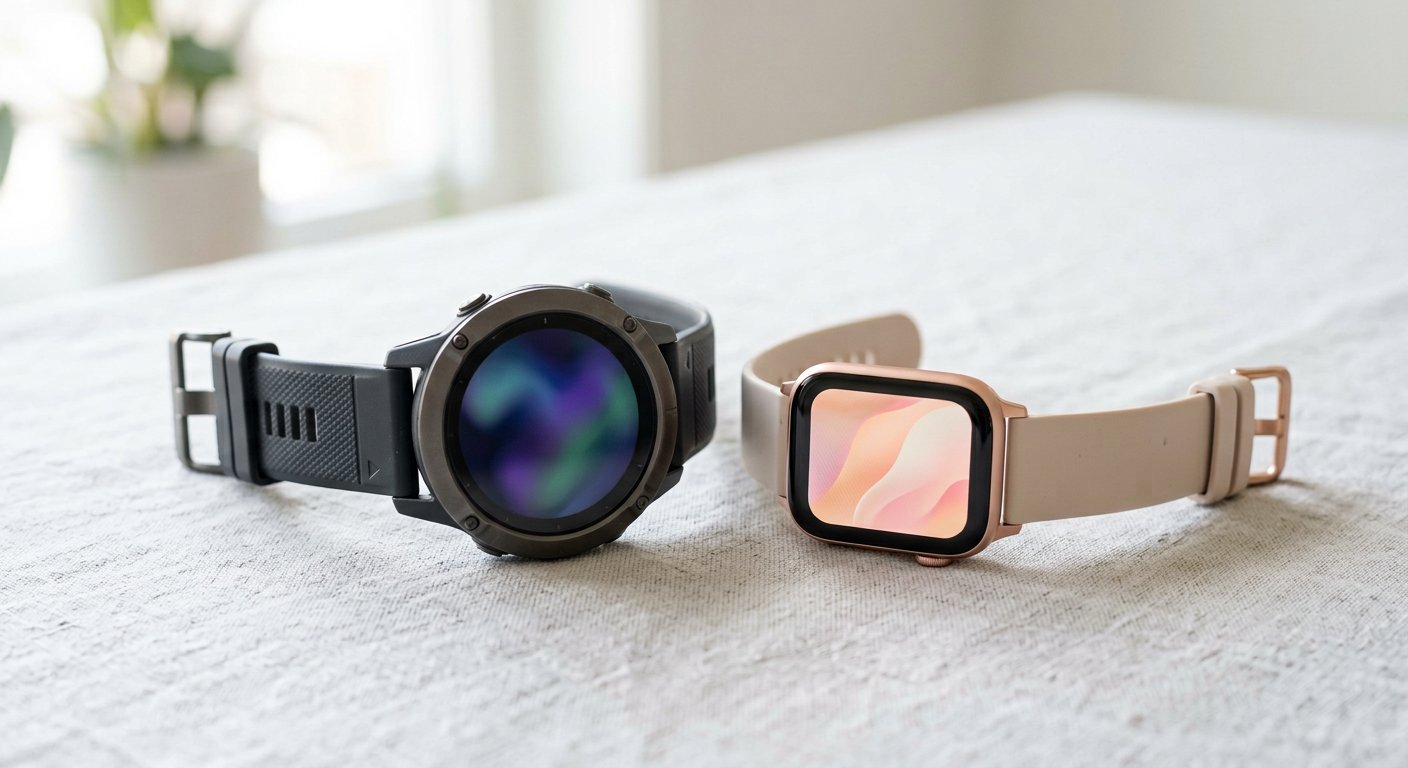 Two fitness smartwatch bands, one larger and one slimmer, side by side on a light surface, no readable text or logos
