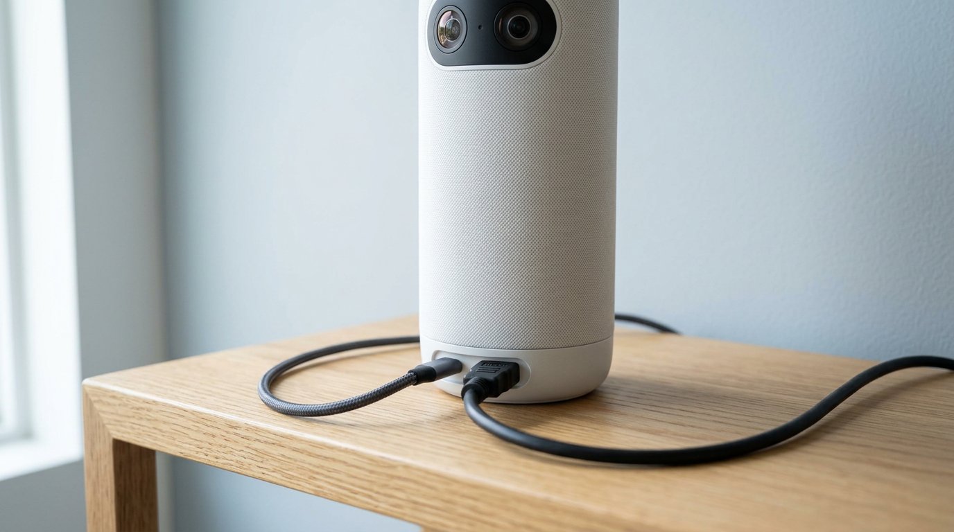 USB-C and HDMI cables at the base of a white meeting camera