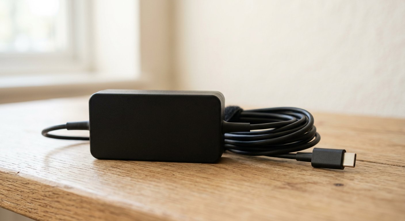 A small black laptop power adapter brick with a coiled cable and a USB-C connector on a light wooden surface, no readable text or logos
