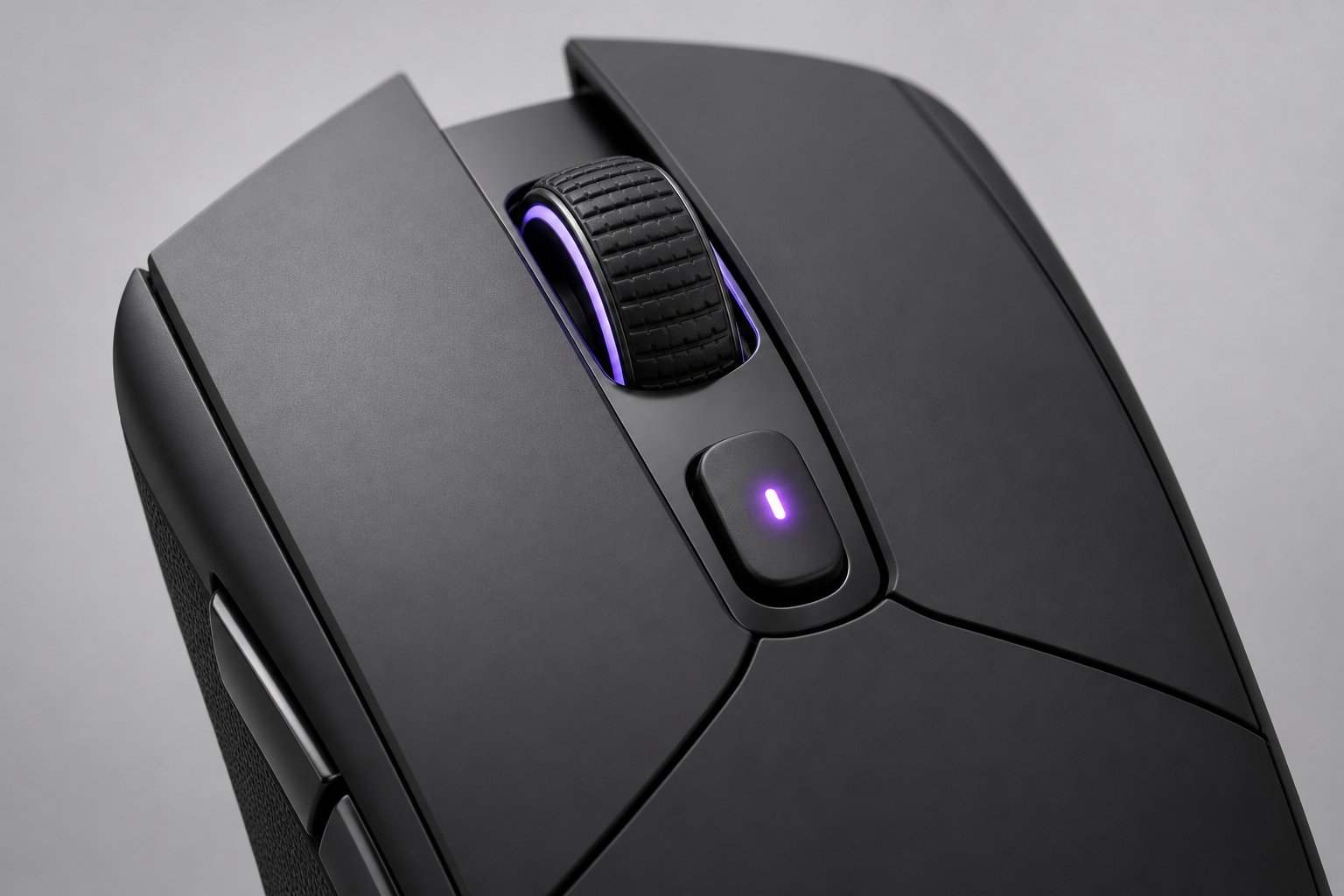 A close-up of a gaming mouse DPI button with colored LED indicator on a light gray background