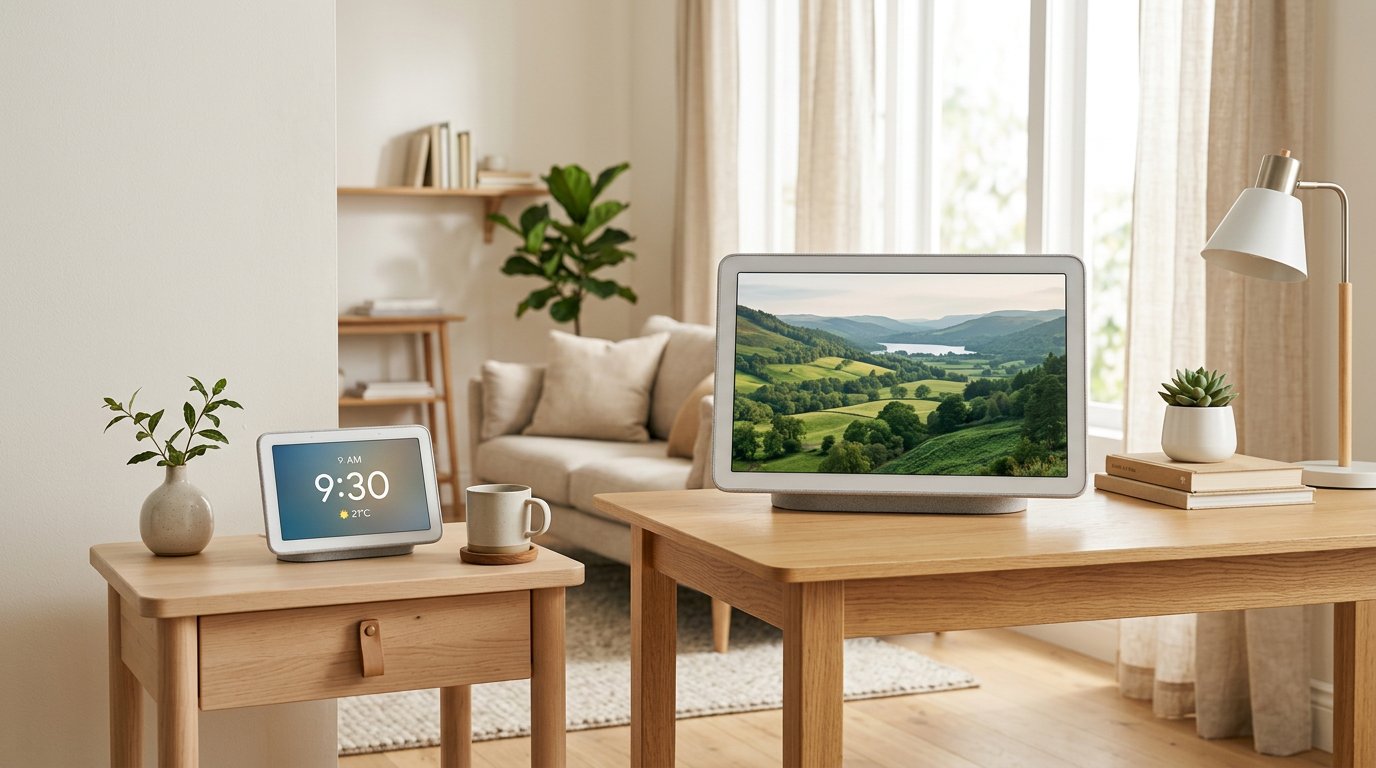 A small smart display on a nightstand next to a larger display on a desk, both in light gray fabric, bright room, soft daylight