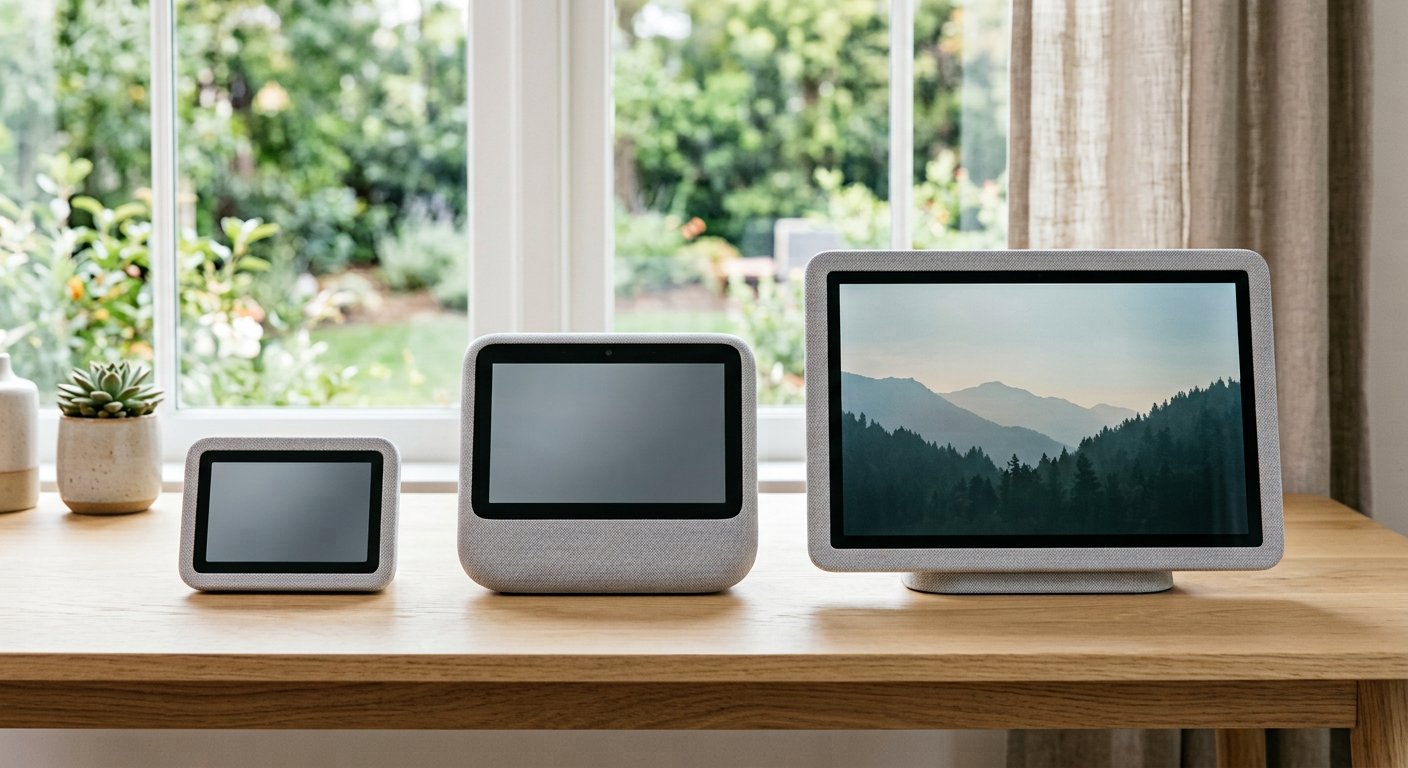 A lineup of three smart displays of different sizes on a light desk by a bright window, soft daylight