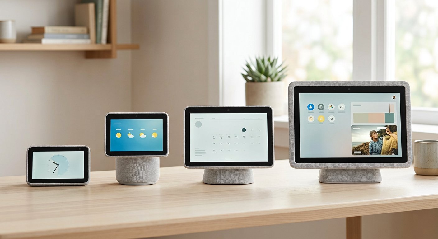A lineup of four smart displays of different sizes on a light desk, from small bedside screen to large wall-style display, soft daylight