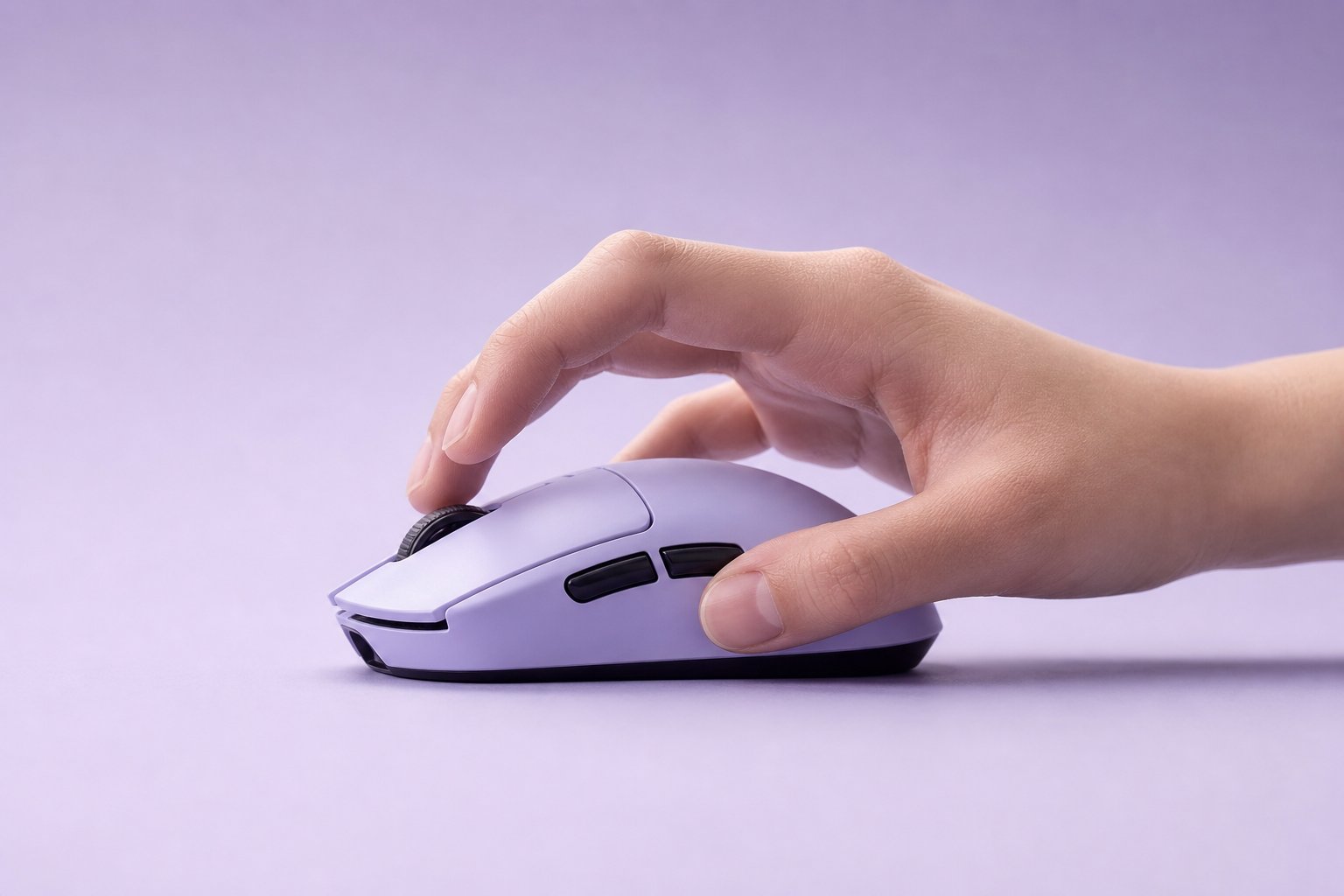 A small lightweight mouse held by fingertips only on a light lavender background