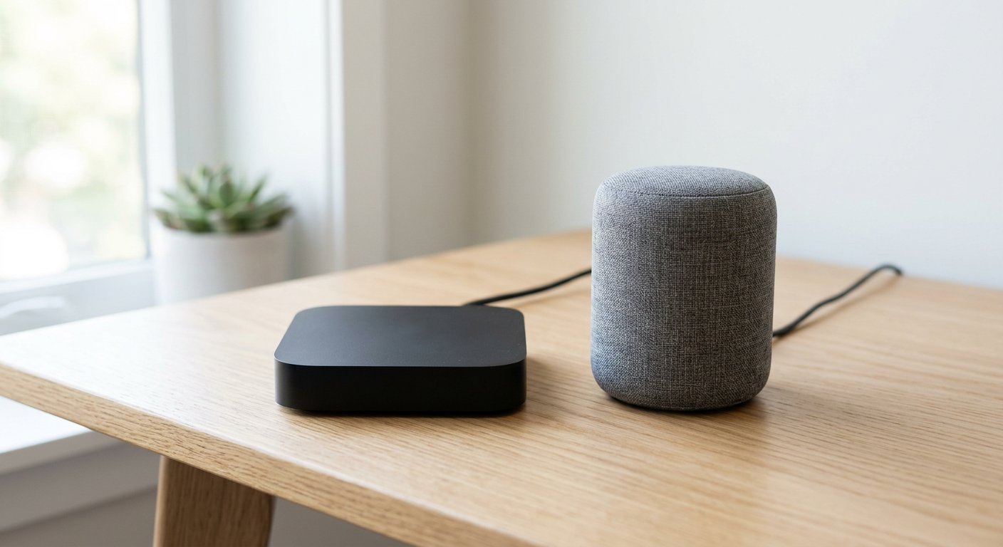 A black streaming box next to an echo-style voice assistant speaker on a light desk, soft daylight