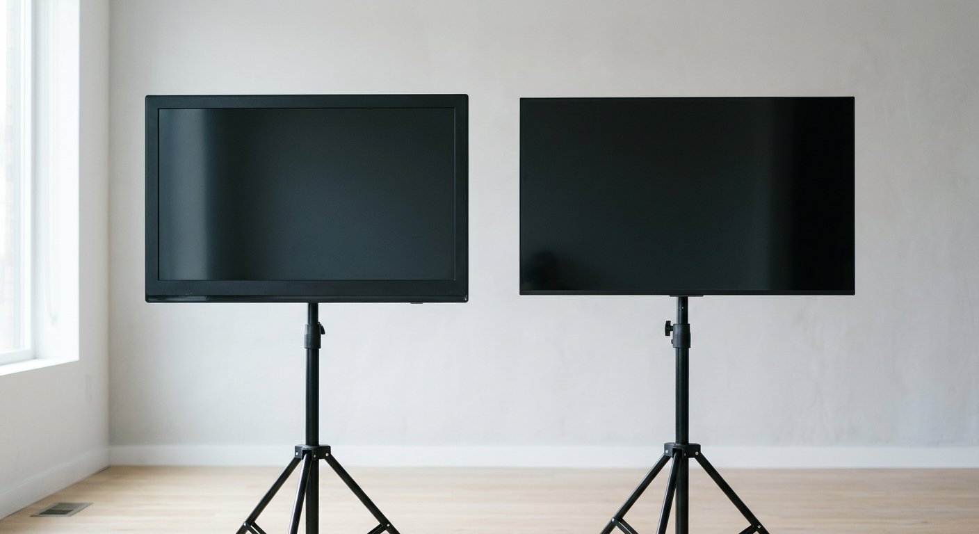 Two 43-inch TVs side by side on light stands in a bright room, one older with thick black bezel and one slim new model with thin bezel