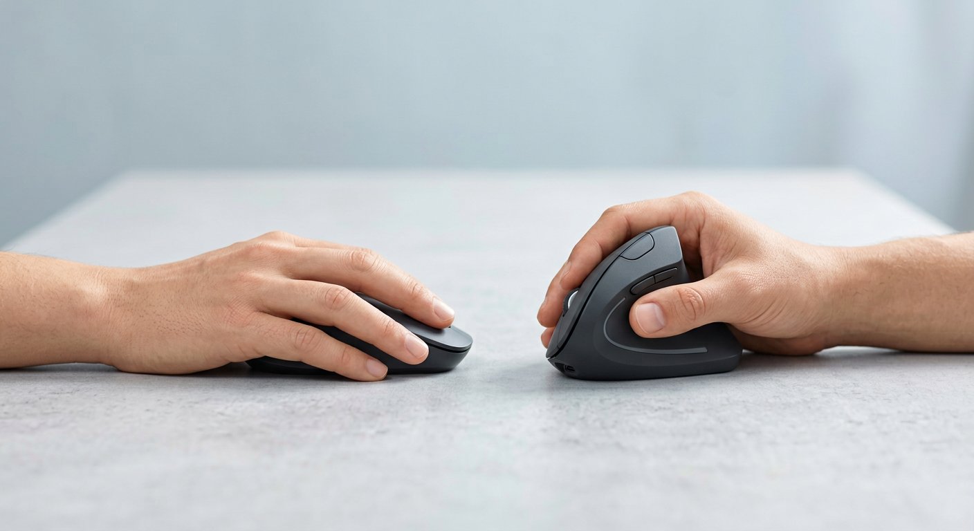 A hand on a flat mouse and a hand in handshake position on a vertical ergonomic mouse
