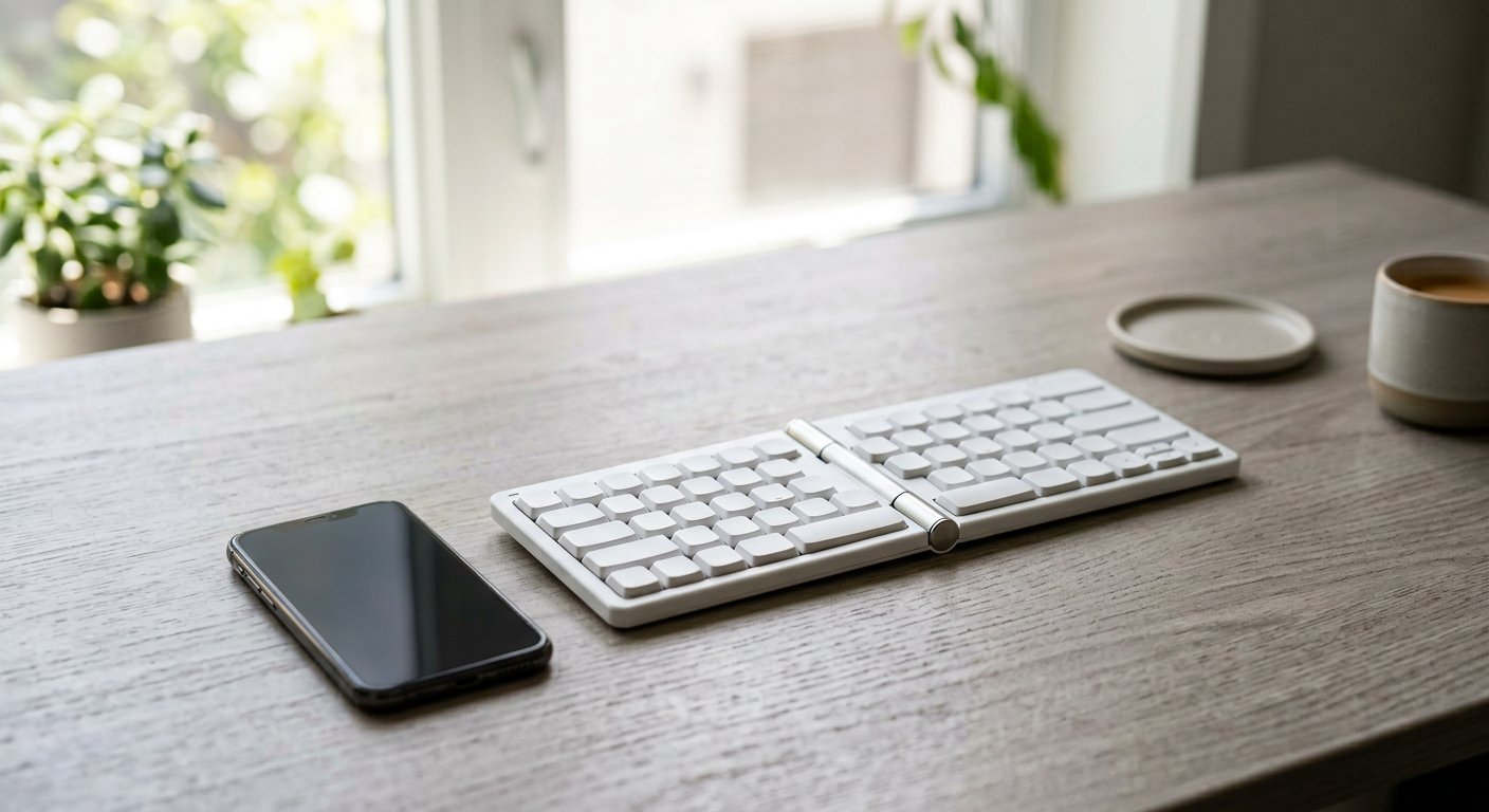 A foldable bluetooth keyboard half-open next to a smartphone on a light gray desk