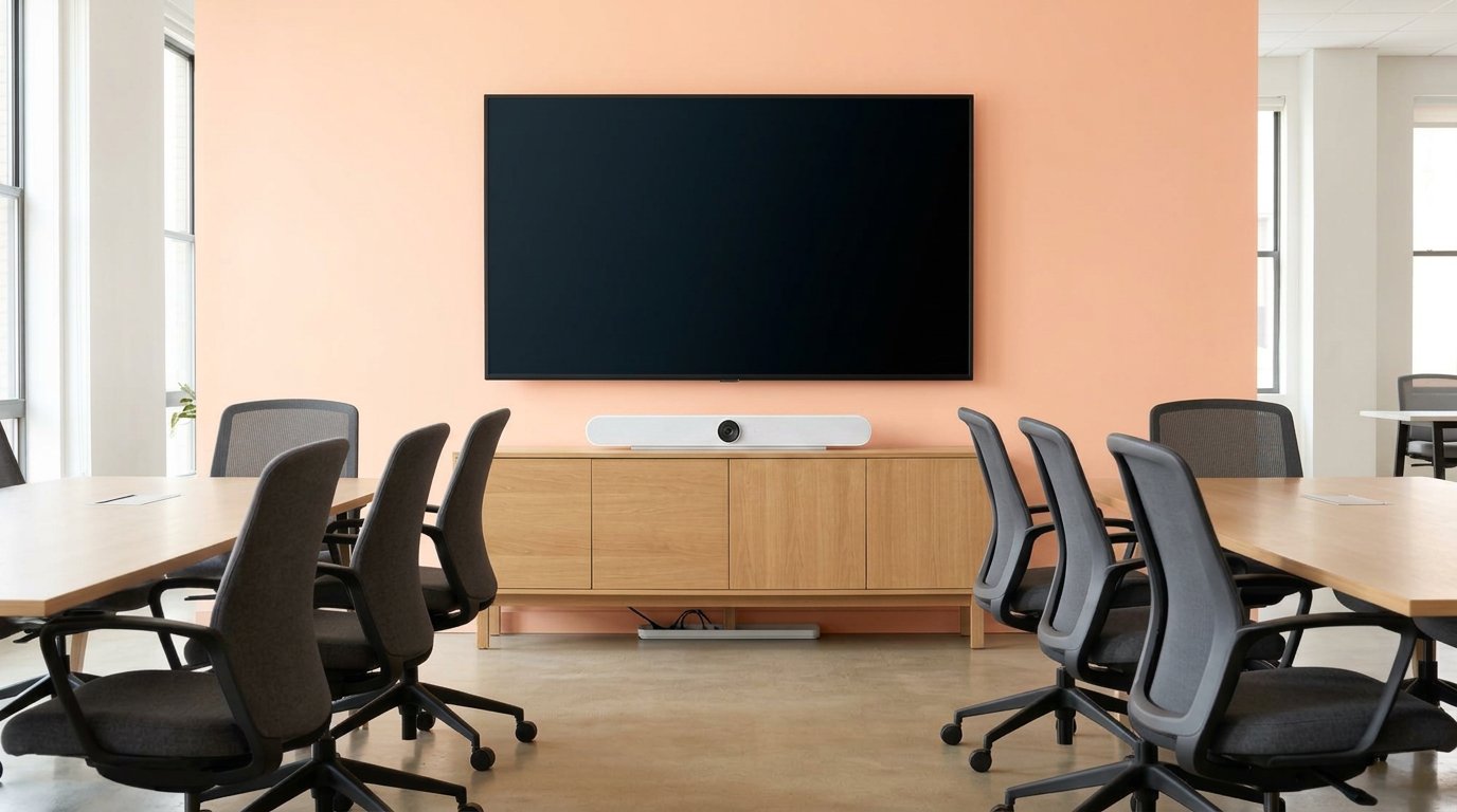 White conference bar under a blank TV