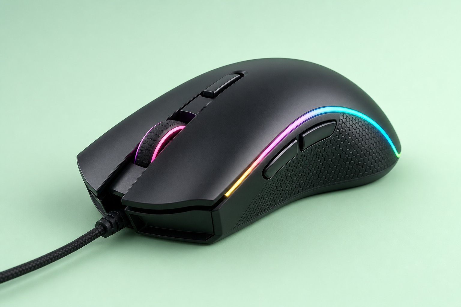 A modern gaming mouse with RGB lighting on a light green background