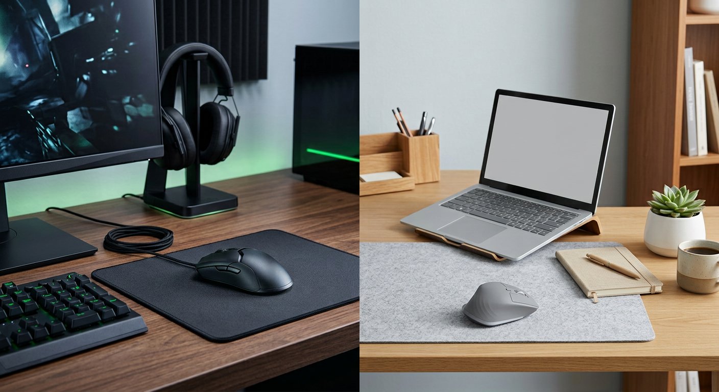 Split desk: a gaming setup with RGB glow on the left, a clean office laptop setup on the right