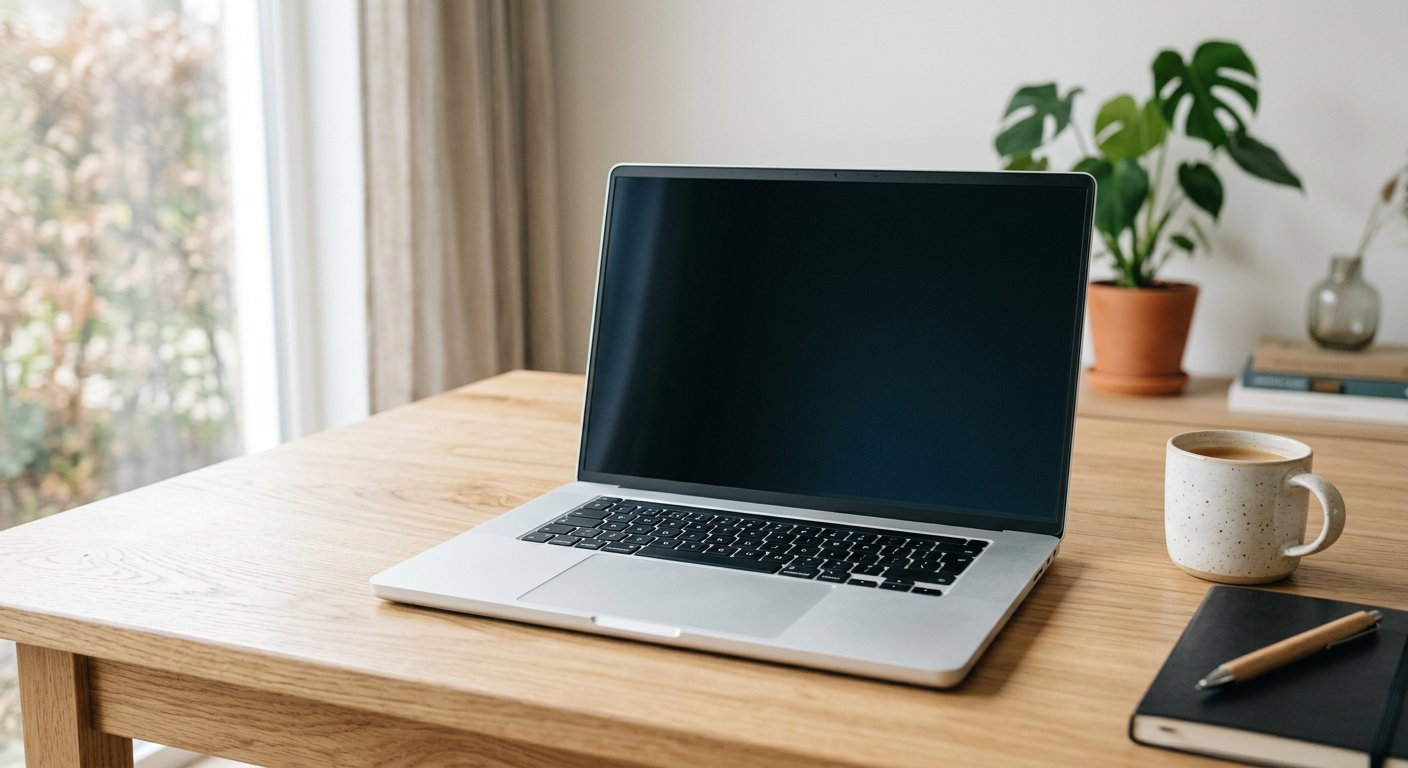 Slim metal 15-inch laptop open on a desk, keyboard and screen visible