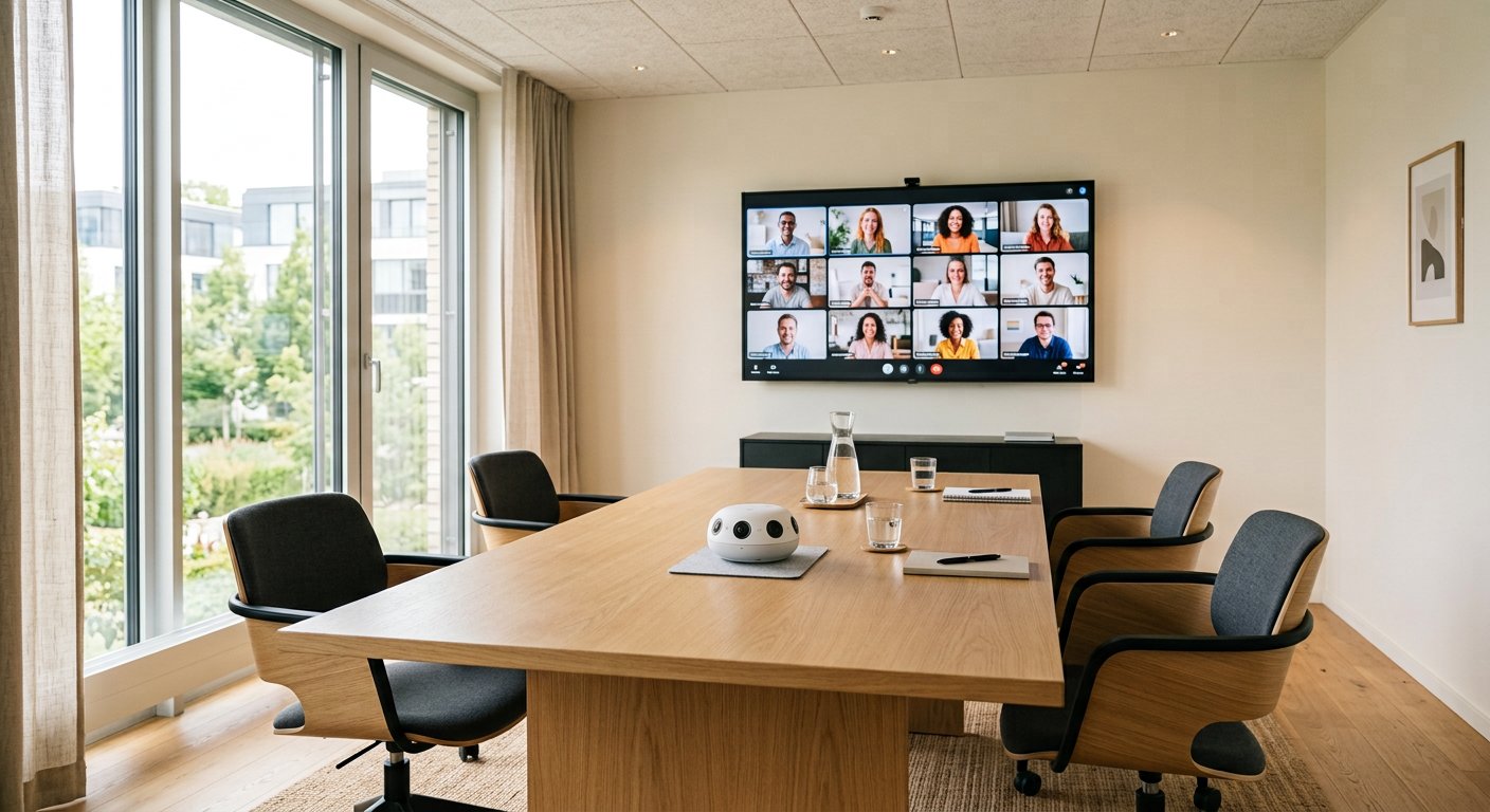 A modern meeting room with a cylindrical 360-degree camera on the table and remote participants on the wall screen