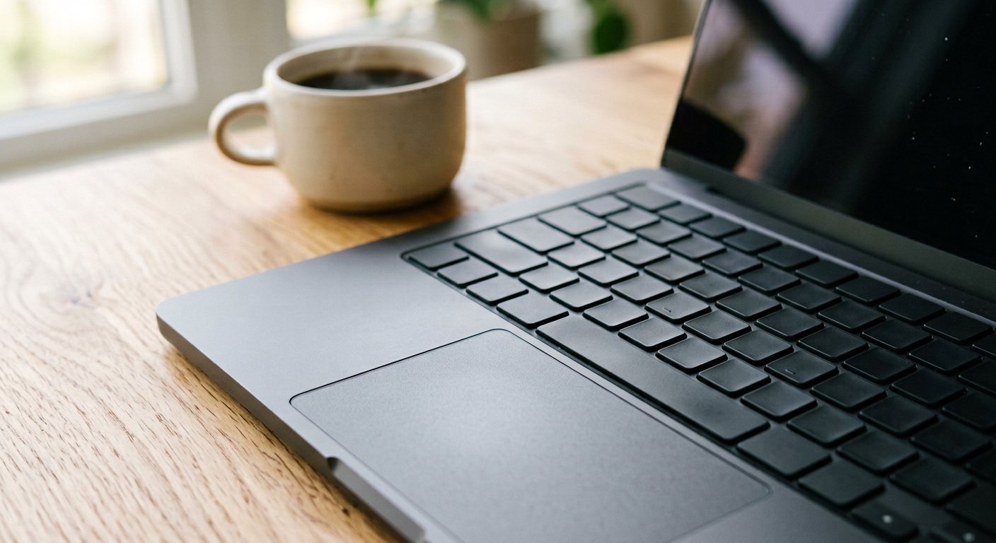 Close-up of a laptop keyboard and trackpad on a light wooden desk, coffee cup blurred in the background