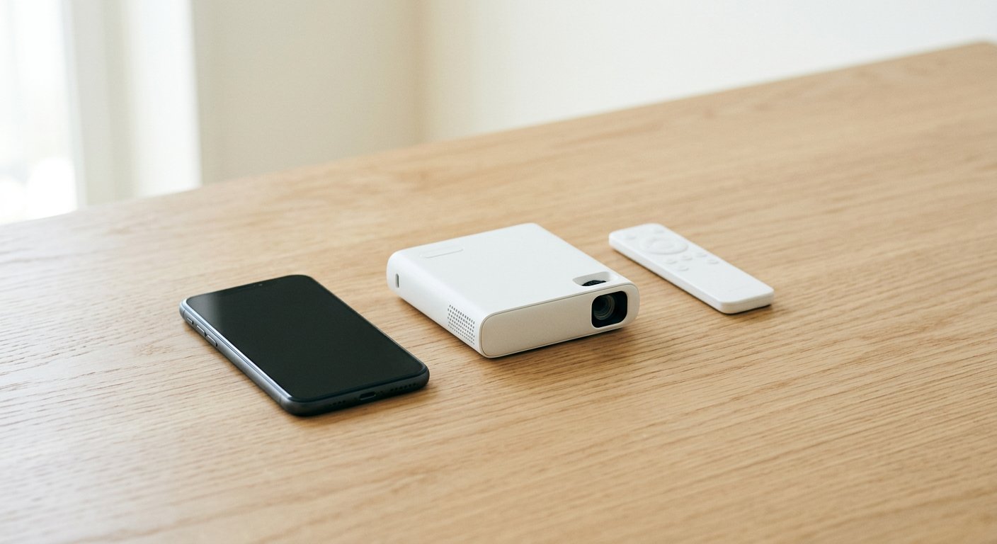 A tiny pocket pico projector next to a smartphone and a small remote on a light wooden desk to show scale, no readable text or logos