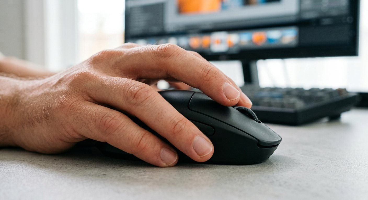 A hand on a black wireless mouse with side buttons, blurred monitor behind