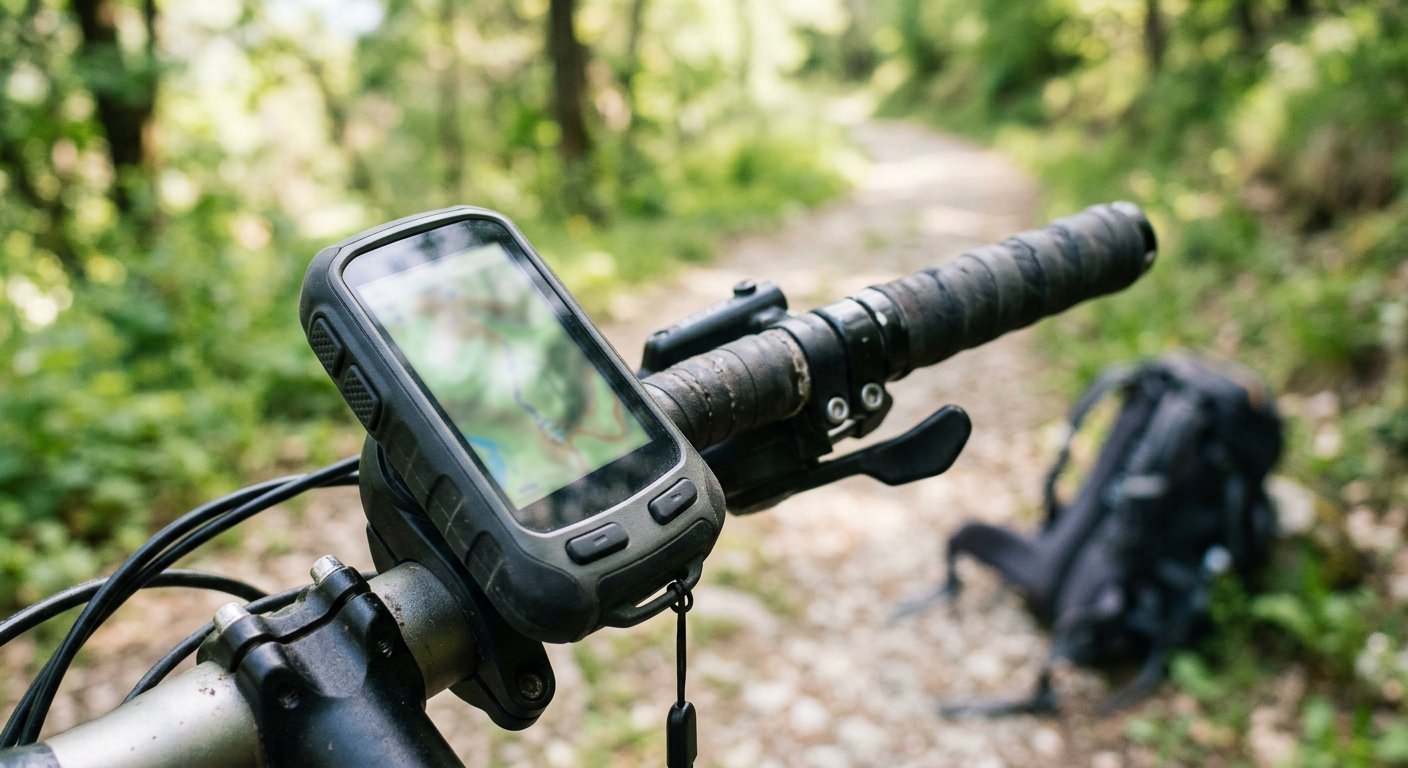 A rugged handheld GPS mounted on a bicycle handlebar with a backpack on a trail in the blurred background, screen showing an abstract blurred map, no readable text