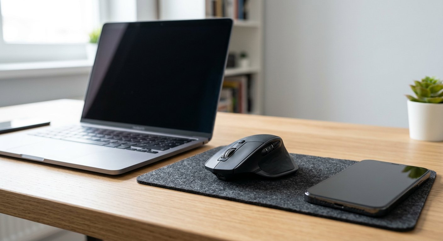 A premium mouse on a desk next to a laptop and a phone, showing a multi-device setup, bright room, soft daylight, no text