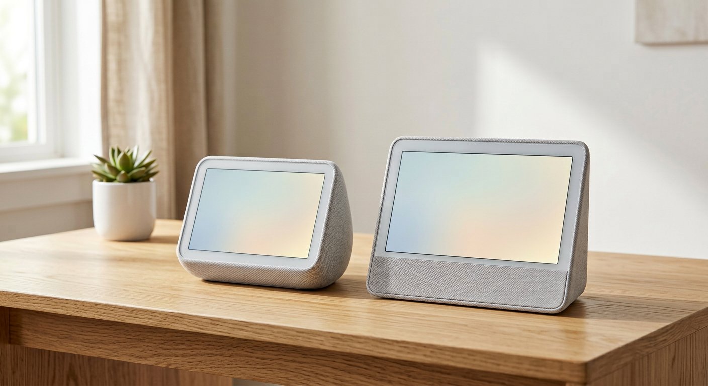 Two modern smart display speakers side by side on a light oak desk, one compact with fabric side panels and one slightly larger in light gray fabric, both screens glowing softly, bright minimal room, soft daylight