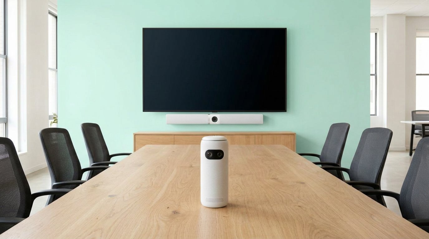360 table camera and a front-of-room bar in the same meeting room