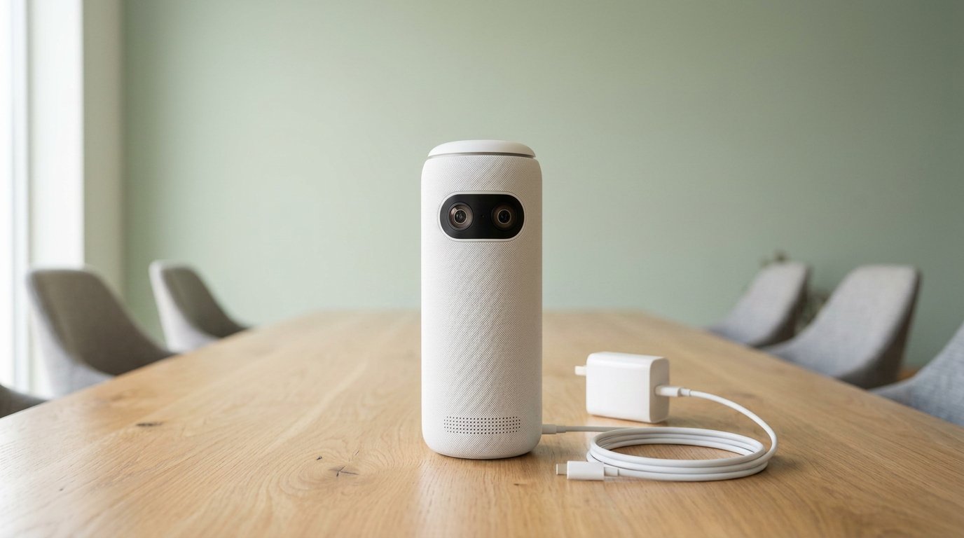 Meeting Owl with power brick and USB cable on a light desk