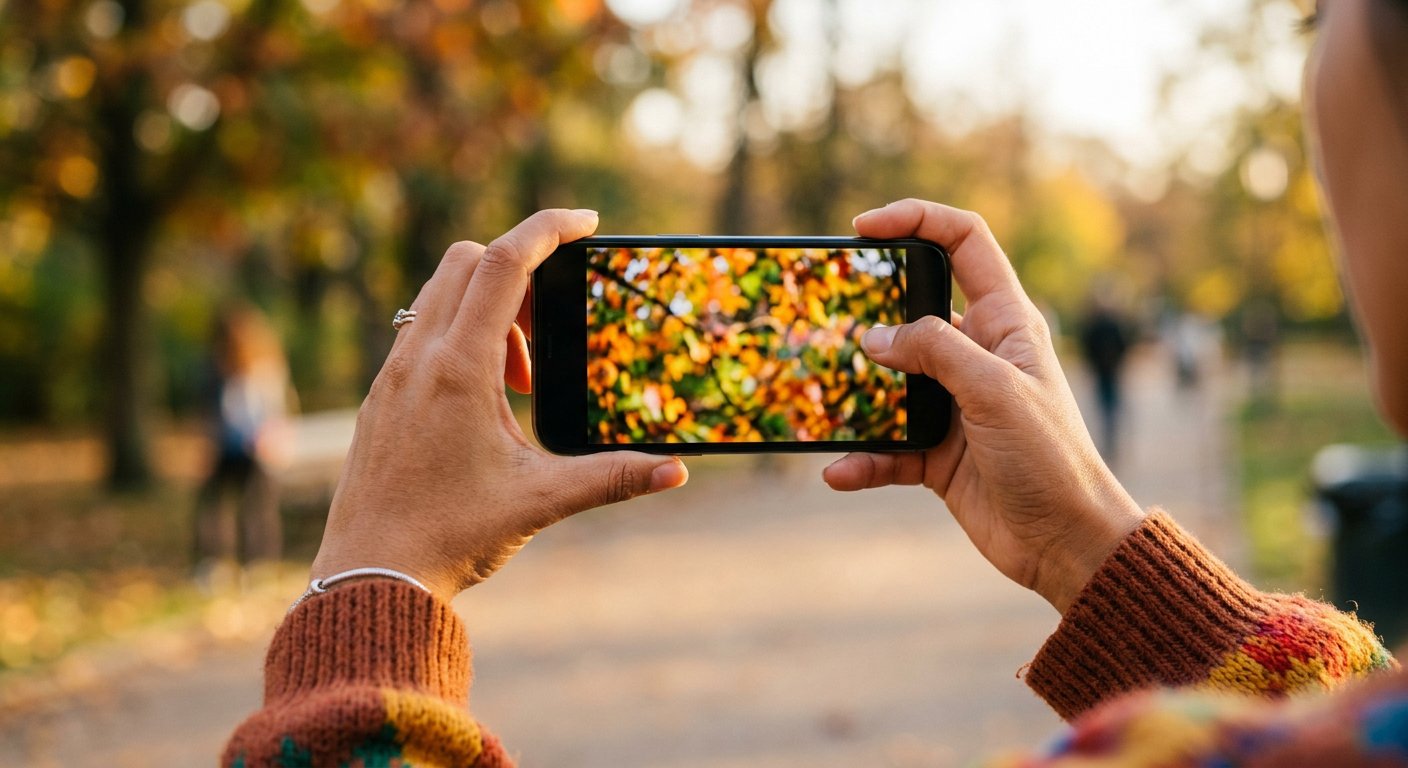 Two hands holding a smartphone photographing an autumn tree in a park
