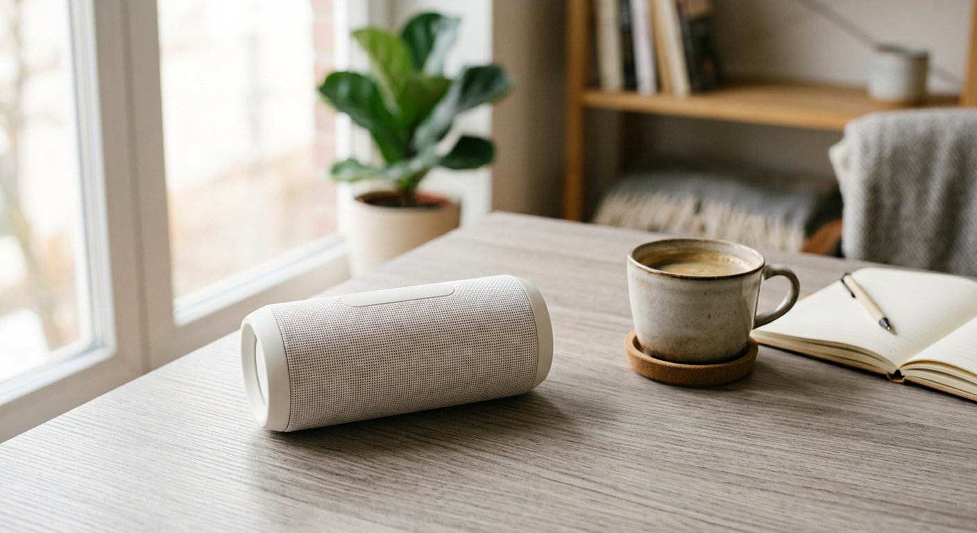 A small white portable bluetooth speaker on a light gray table