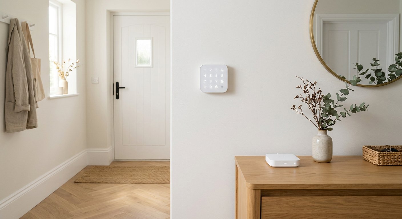 A white security keypad on a wall with a small white hub on a desk, bright entryway, soft daylight