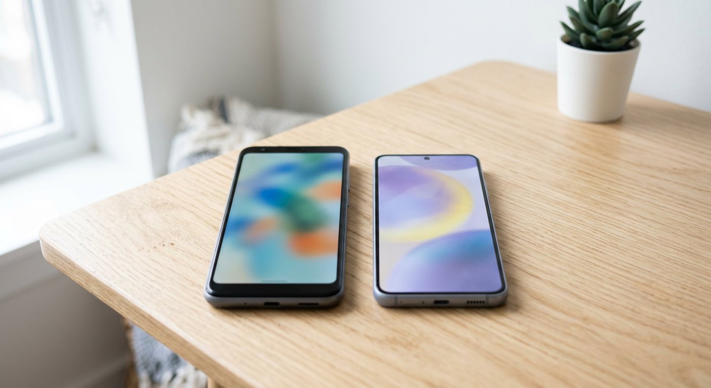 Two mid-range Android phones side by side on a light desk, an older one and a newer one, showing the design difference, no brand markings, soft daylight