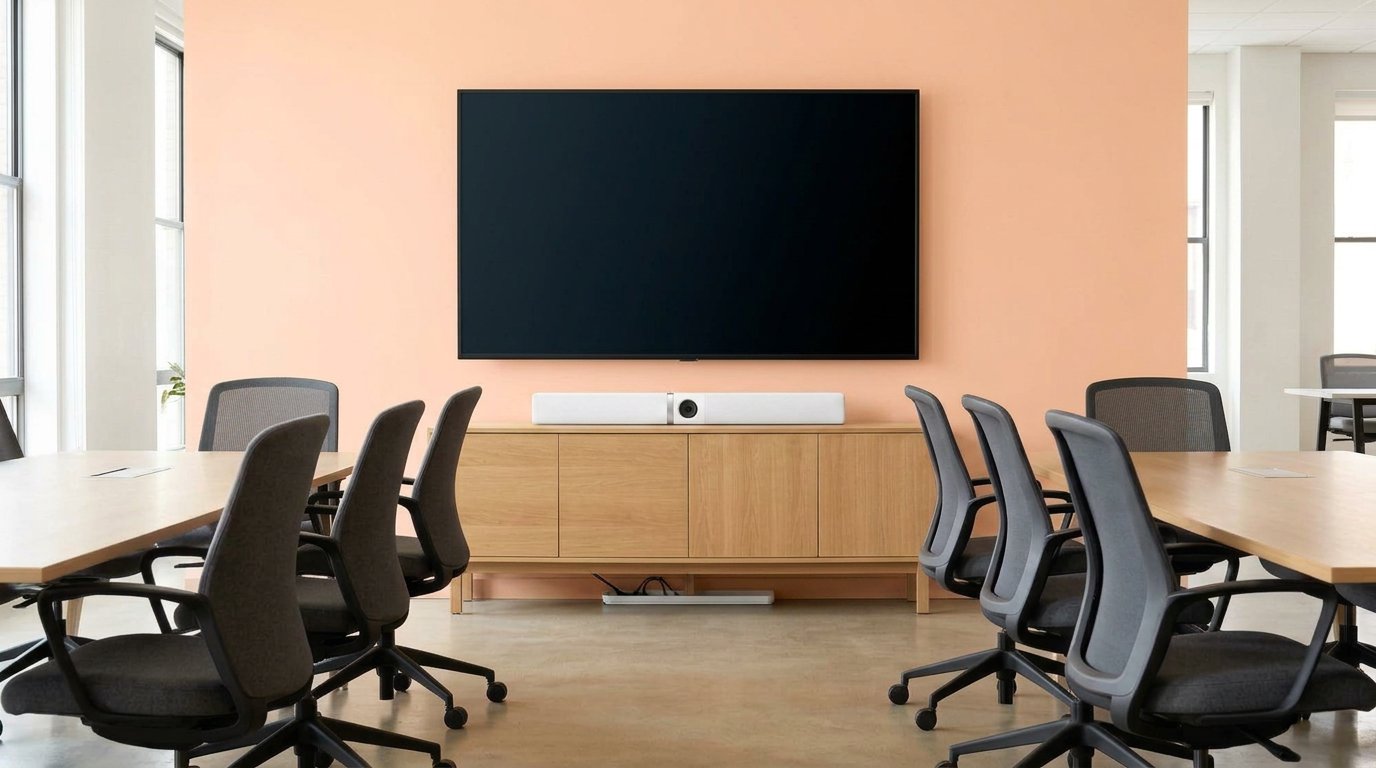 Front-of-room conference bar under a blank TV