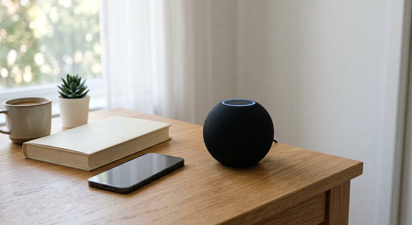 A compact black smart speaker glowing softly on a light desk, remote and phone nearby