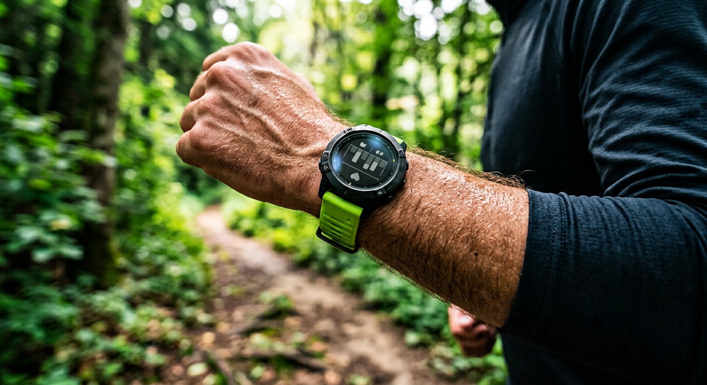 A runner's wrist with a rugged smartwatch and green band on a forest trail
