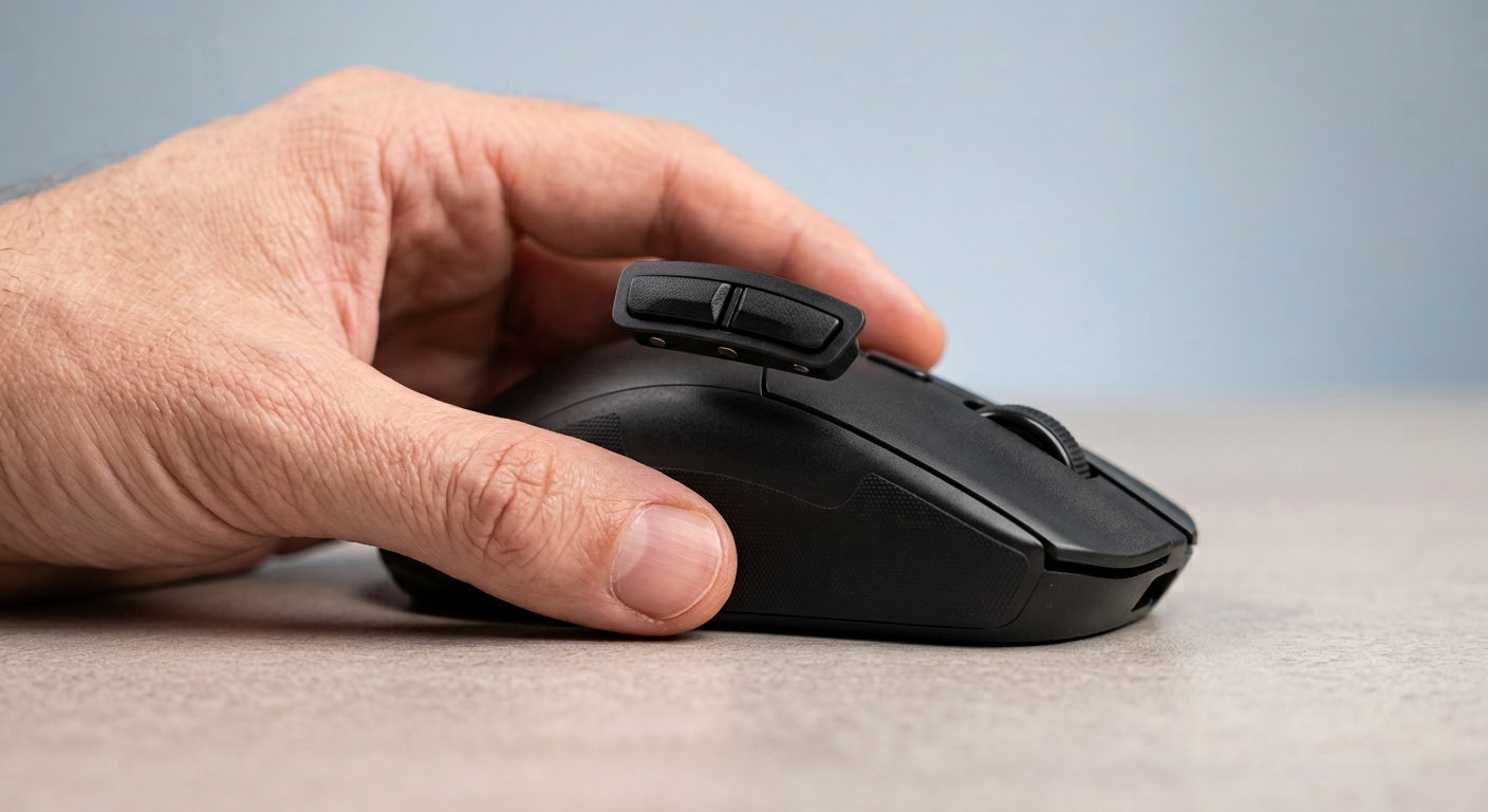 A hand snapping a two-button magnetic side module onto a slim black gaming mouse