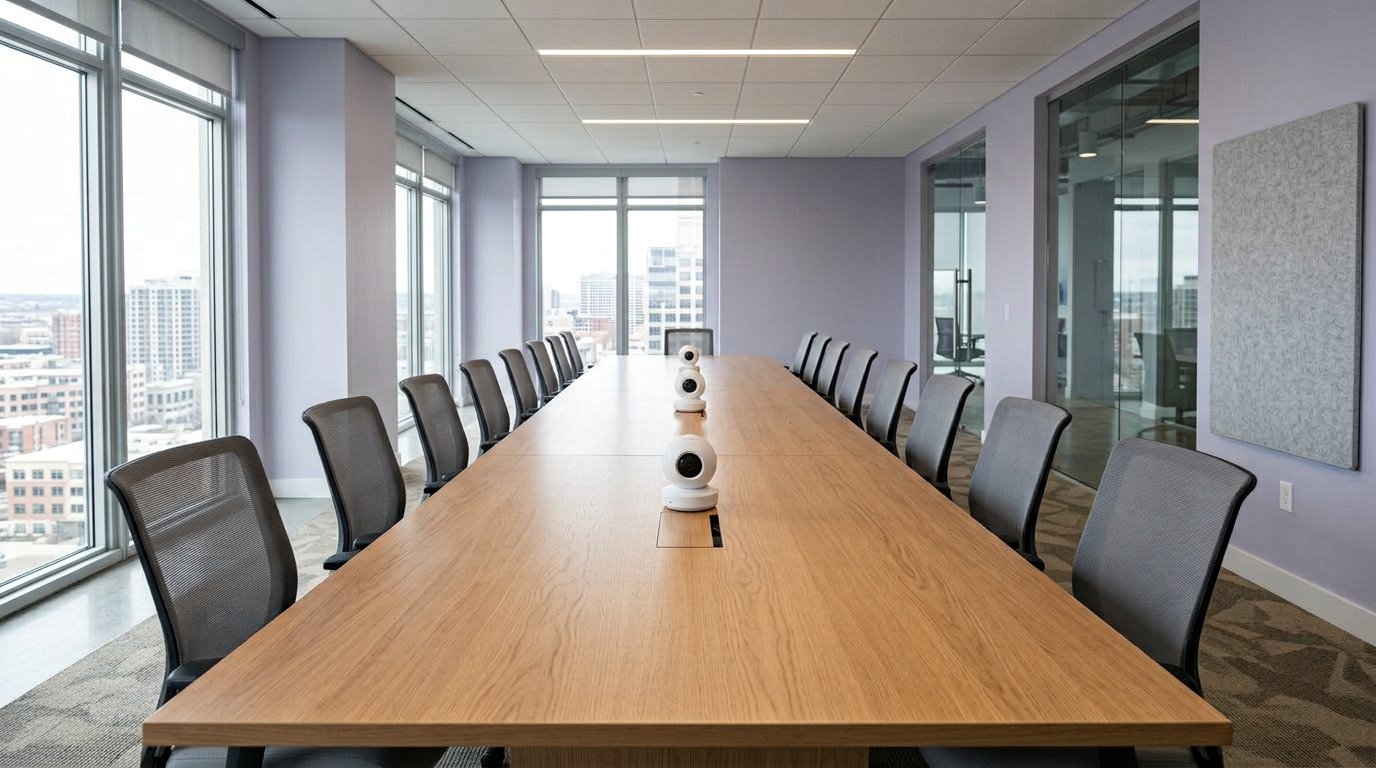 Two 360 cameras spaced on a long boardroom table