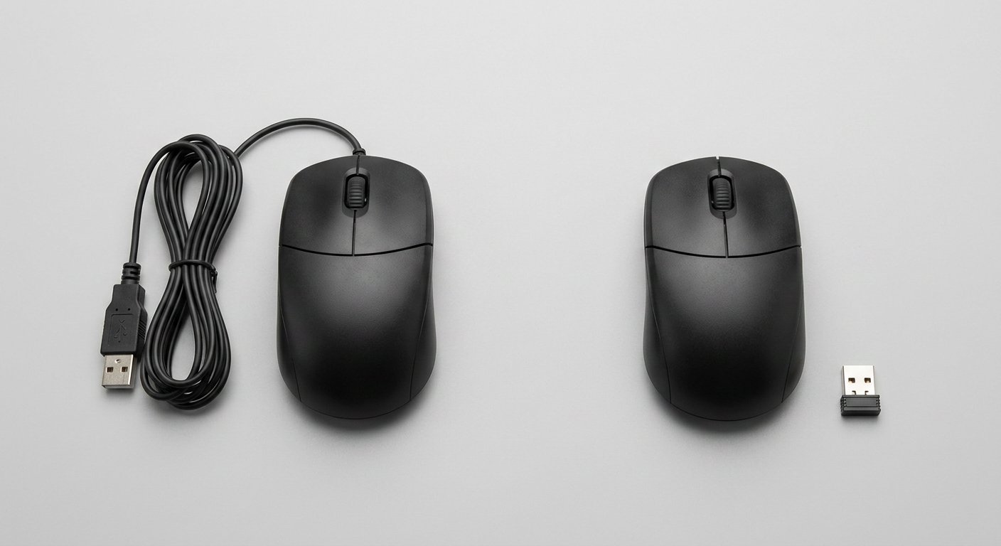 A wired budget mouse and a 2.4GHz wireless budget mouse side by side on a light gray background