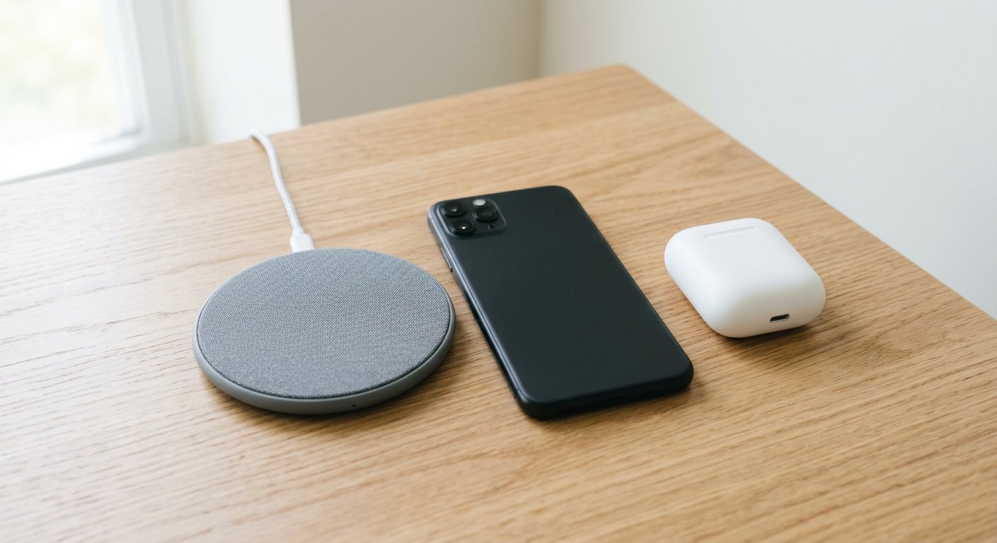 A flat wireless charging pad next to a smartphone and an earbuds charging case on a light wooden surface, no readable text or logos