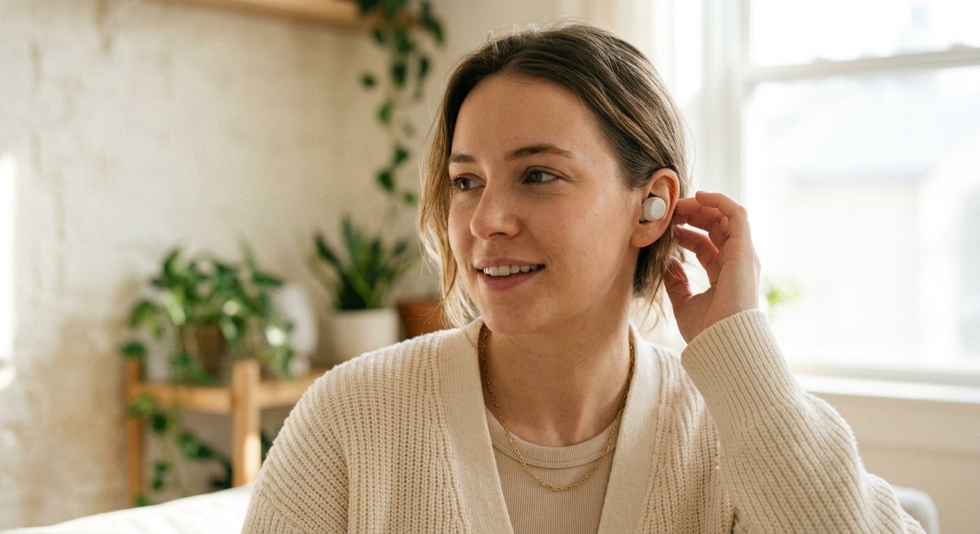 A person wearing small true-wireless earbuds in a bright casual indoor setting, no readable text or logos