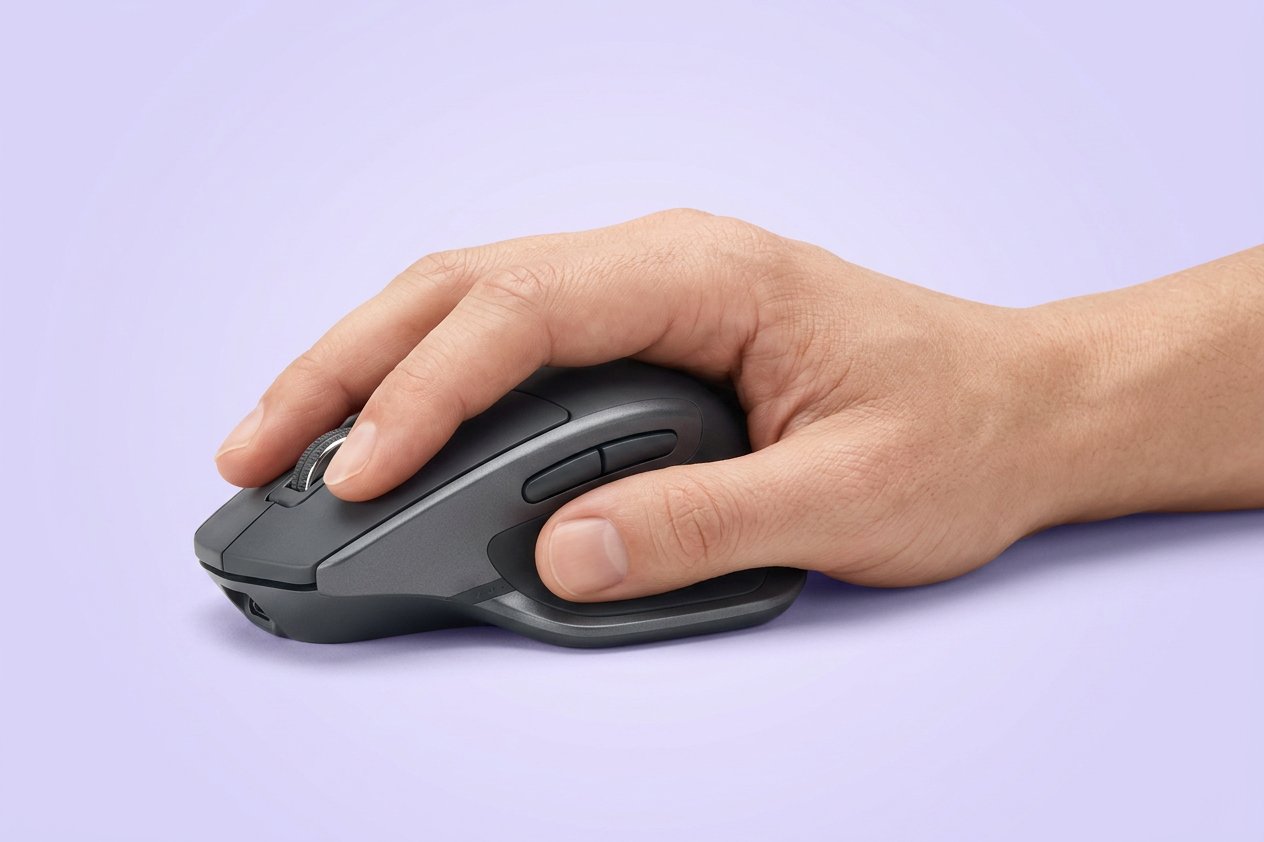 A hand resting comfortably on an ergonomic computer mouse in palm grip position on a light lavender background