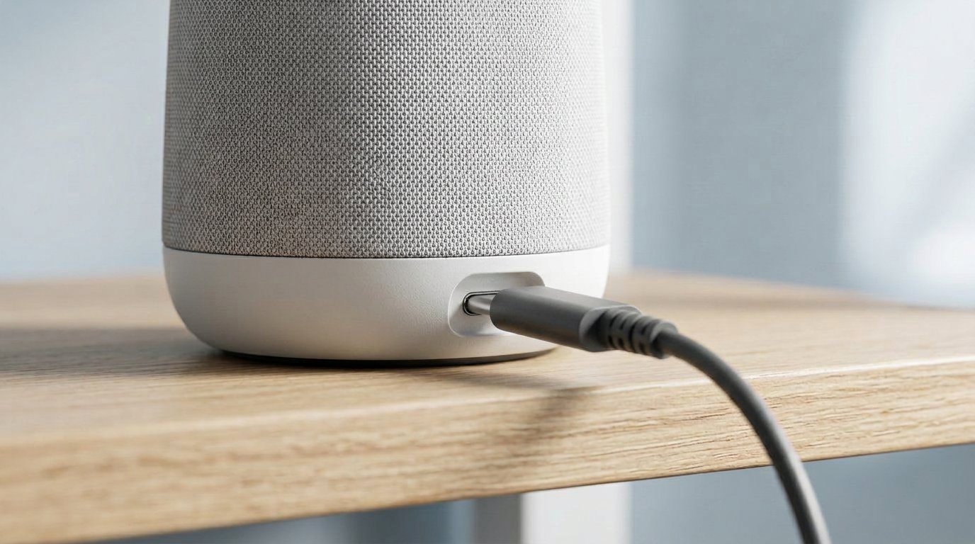 Cable plugged into the base of a white meeting camera on a light wood shelf